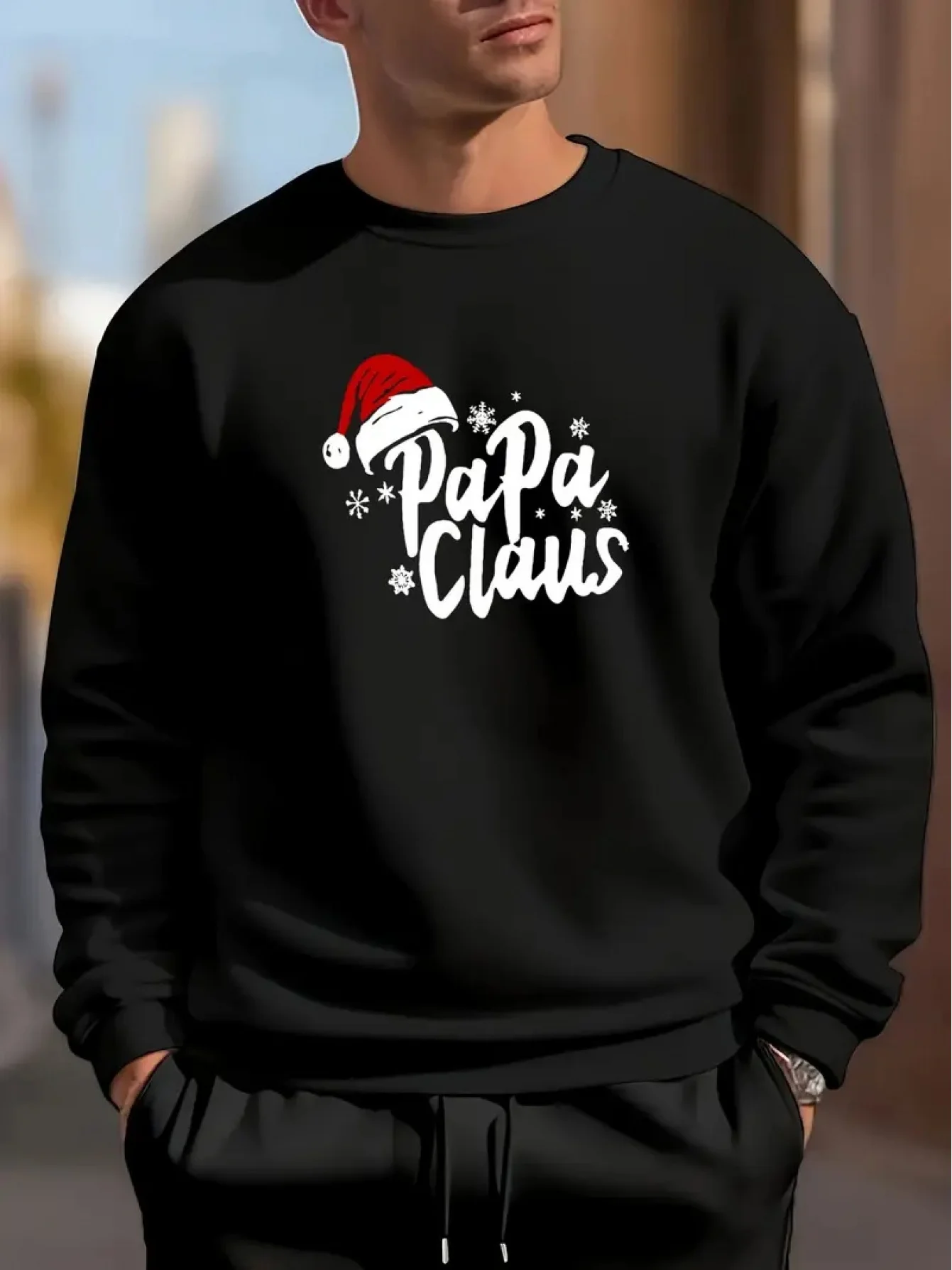 

Men's White Father Christmas Sweater - Long Sleeve Crew Neck Casual Pullover with Christmas Hat and Snowflake Print