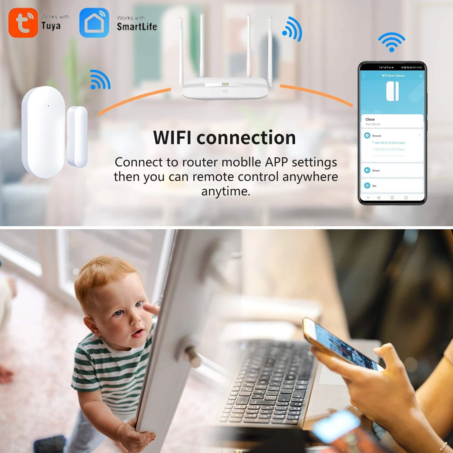 Tuya WiFi مستشعر الباب الذكي باب مفتوح ومغلق للكشف عن أمن المنزل الذكي نظام إنذار التحكم في تطبيق الحياة الذكية