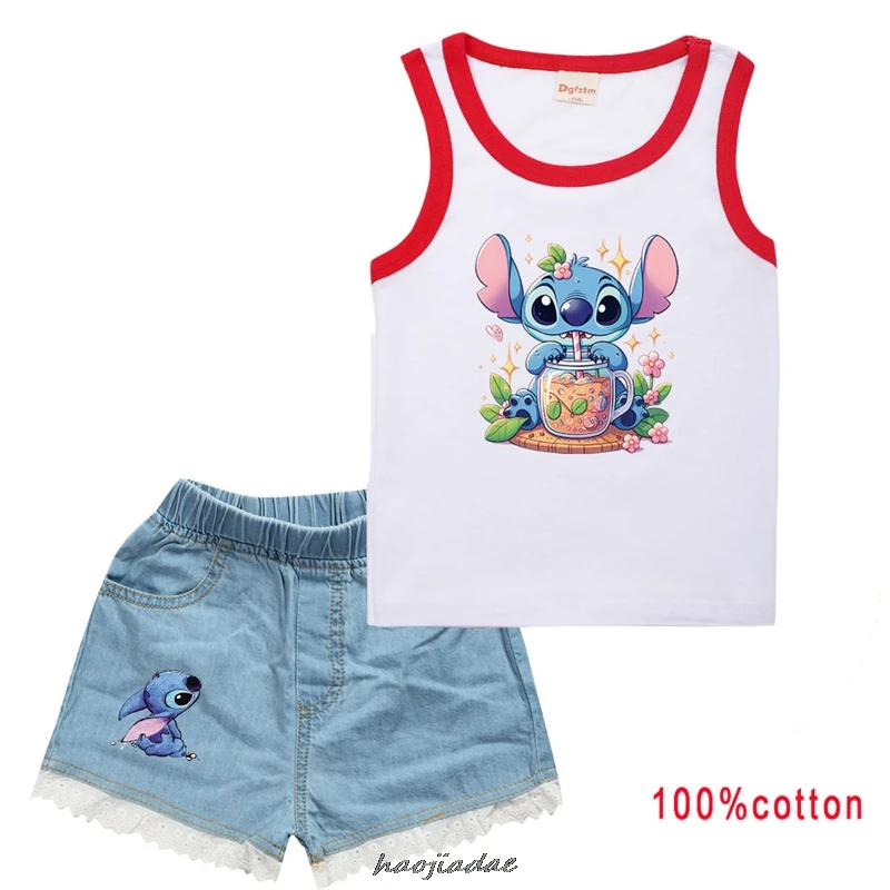 Roupas Lilo e Stitch para crianças, meninas e meninos, roupas casuais, roupas de verão, camisetas de algodão, colete, shorts jeans, quente, 2 peças