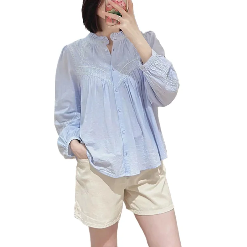 

Women's Blue Elegant Embroidered Shirt Short Sleeves Lotus Leaf Collar Puff Sleeves Office Ladies Elegant Casual Tops