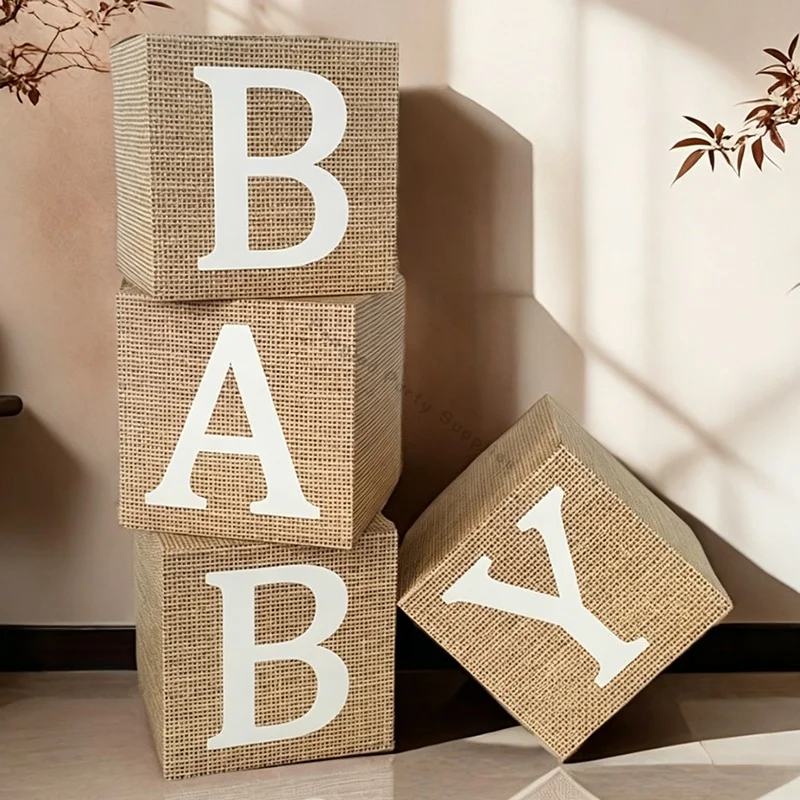 

Set of 4 Neutral BABY Cardboard Blocks Faux Linen Print Boxes Photo Prop Centerpiece Customizable Gender Reveal Party Decor