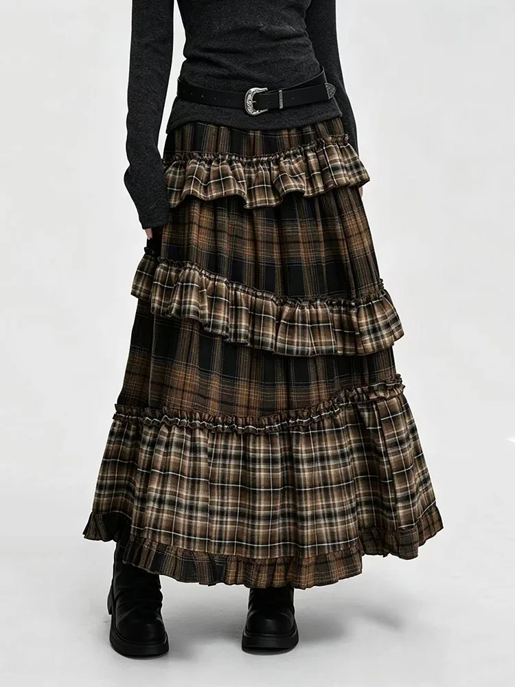 Vintage Plaid Patchwork Skirts for Women Japanese High Waist Ruffles Splicing Midi Skirts Y2K Harajuku Streetwear A Line Skirts