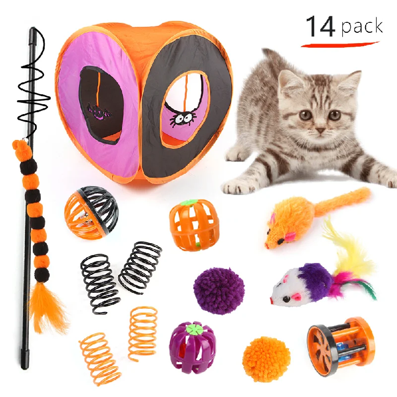 

Halloween Cat Tunnel Toys Suit Interactive Cat Teaser Toy Folding Square Channel Cat Toys Features Balls Mouse Stick Spring Set