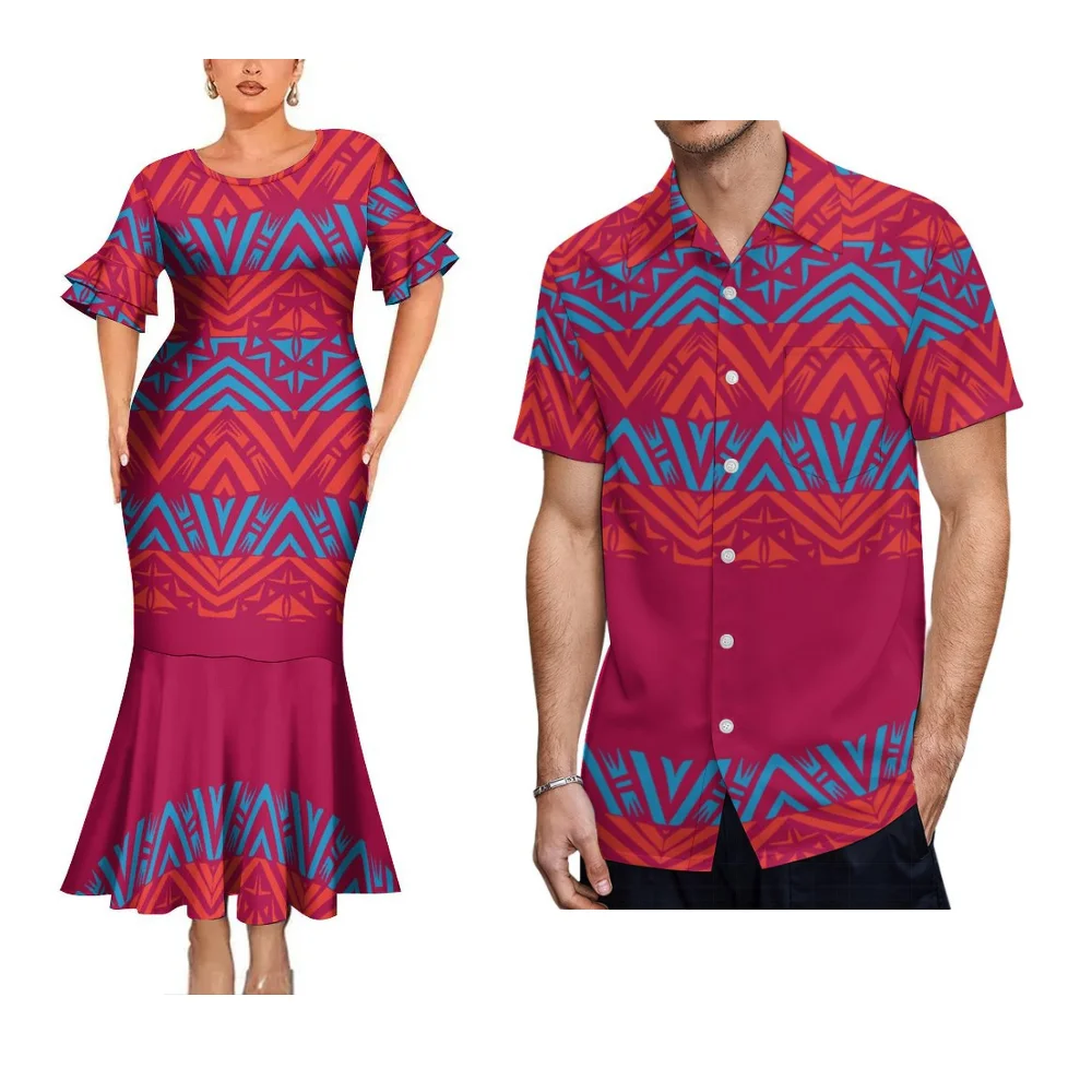 Set di coppia in stile isola con stampa floreale hawaiana, design artistico samoano, abito a coda di pesce da donna e camicia da uomo con stampa artistica dell'Isola del Pacifico