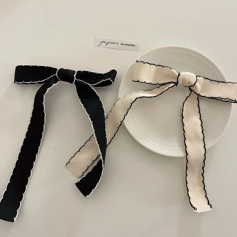 New Japan Simple Black White Hair Bands Hair Clips For Women Fashion Handmade French Weave Bow Headdress Hair Clip Ponytail Pin