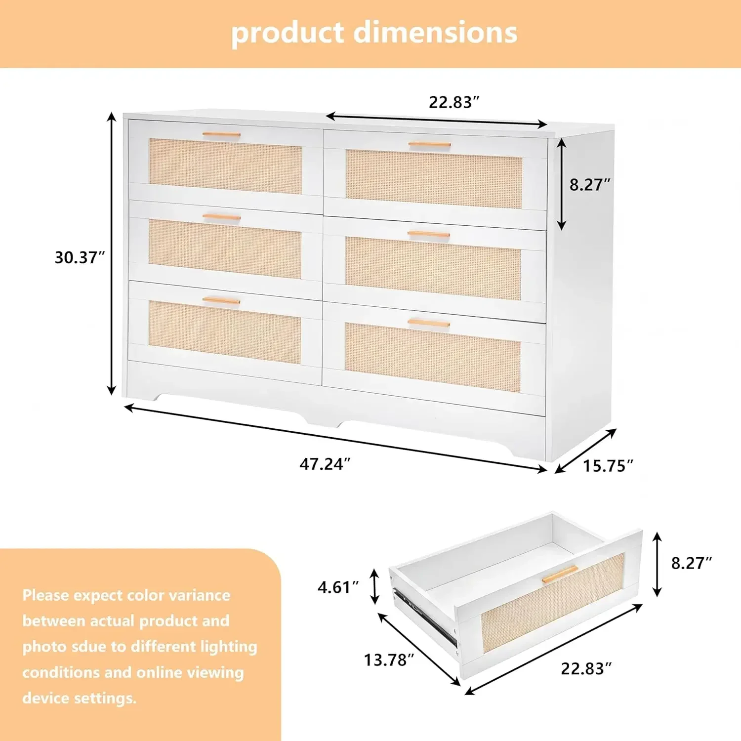 Dresser for Bedroom 6 Drawer White Dresser Bedroom Furniture Storage for Bedroom Living Room Hallway, High Weight Capacity 300lb