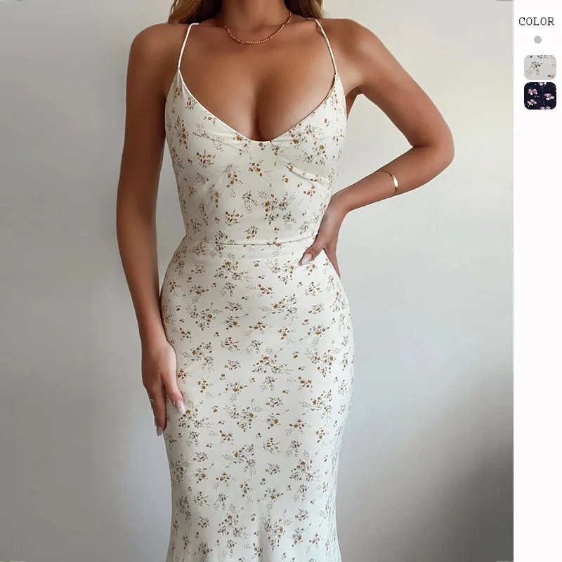 

2023 summer new small floral long dress with halter dress for women