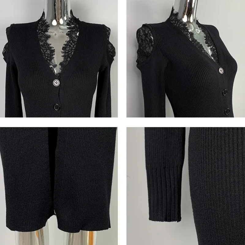 エレガントなVネックニットワンピース 長袖 レーストリム スリムフィット ベースドレス 春の新作 セクシーなスリット入り 無地 シングルブレストトップス