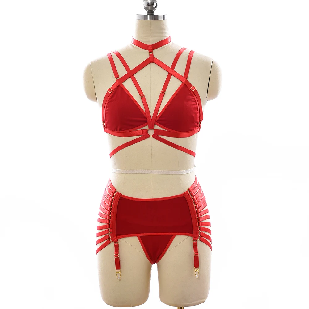 Women Crop Top Harness Cage Bra Bondage Clip Stocking High Waist Belt Leg Garter Elastic G-String Briefs Sexy Lingerie Set