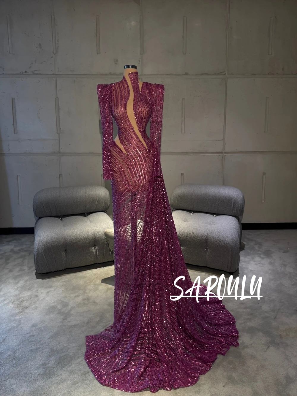 

Magenta High Neckline Sparkly Evening Dress Illusion Cut Out Mermaid Customized Prom Gown Fashionable Floor-length Party Wear