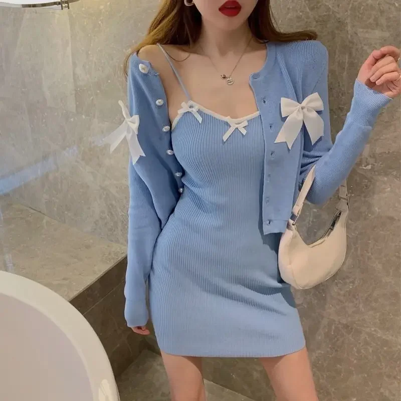 Female Outfits Party Dress Kawaii Knit Mature Crochet Tight Long Sleeve Slim Fit Women\'s Two Piece Set Commuting Jacket Stylish