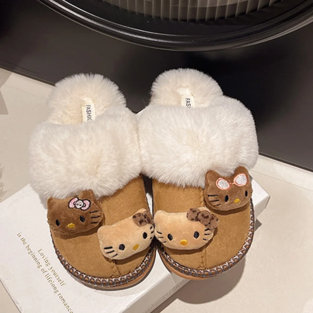 Sanrio-Zapatillas de felpa de Hello Kitty para mujer, pantuflas planas antideslizantes para el hogar, cálidas y cómodas, con dibujos animados, Kawaii Y2K, para invierno