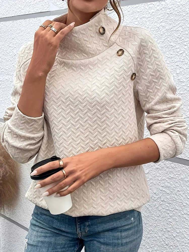 Autumn Winter Warm Turtleneck Sweatshirts Women Trendy Wavy Pleats Diagonal Buckle Beige Pullover Tops Versatile Style T-shirts