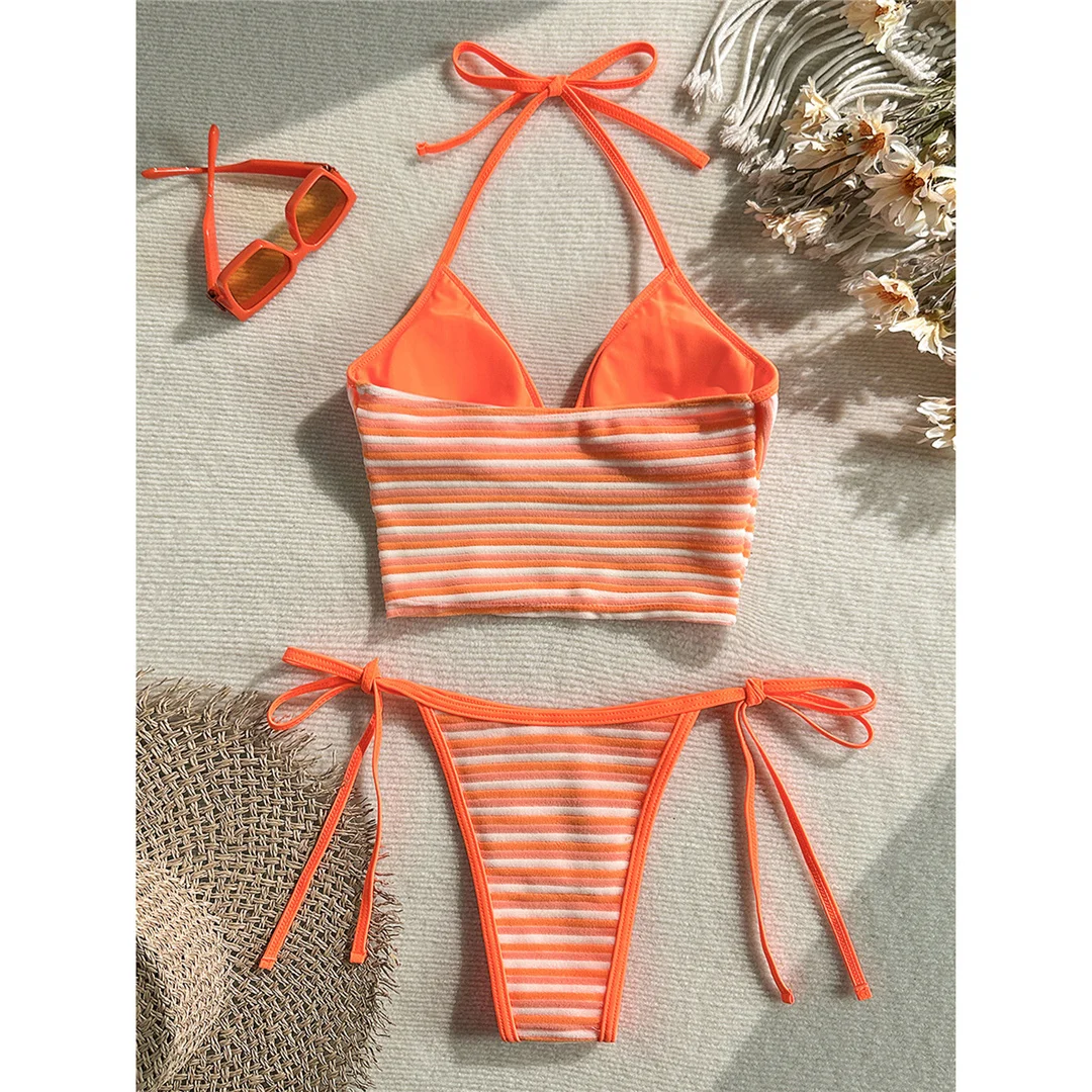 Gestreifter Tankini mit V-Ausschnitt, Damen-Bikini, zweiteiliger Badeanzug, gepolsterter Badeanzug, Badebekleidung, V8385 – Detail 3