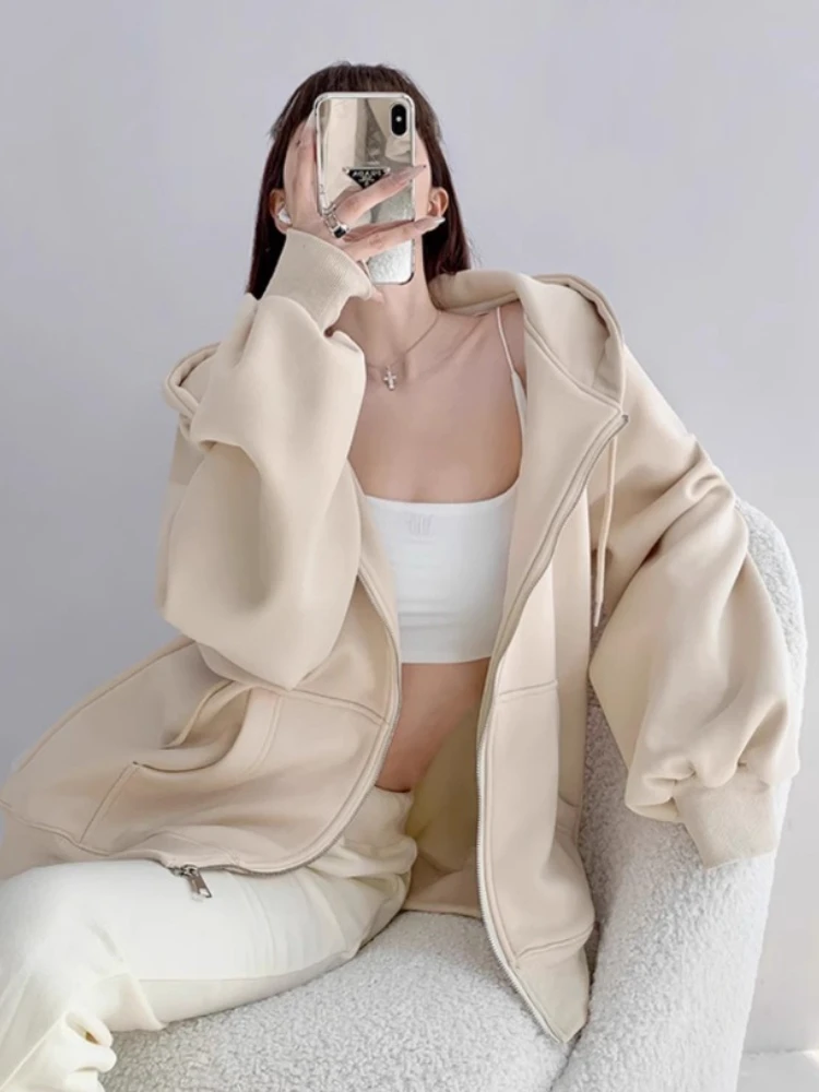 เสื้อคาร์ดิแกนแบบมีฮู้ดสีเทาสำหรับผู้หญิง แขนยาว สไตล์ลำลอง แจ็คเก็ตสปอร์ต แฟชั่นฤดูใบไม้ร่วงและฤดูหนาว ใช้งานได้หลากหลาย