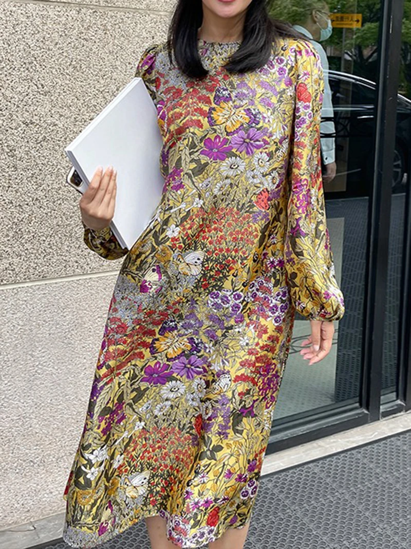 

Шелковая юбка-трапеция с принтом Ele Silk, женская, длиной до колена, с длинными рукавами, круглым вырезом, подходит для повседневной носки, Q055