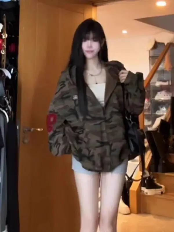 Retro American Camouflage Hoodie Short Women's Jacket Loose Sweet Cool Style Autumn Winter New Arrival Fashion Outerwear