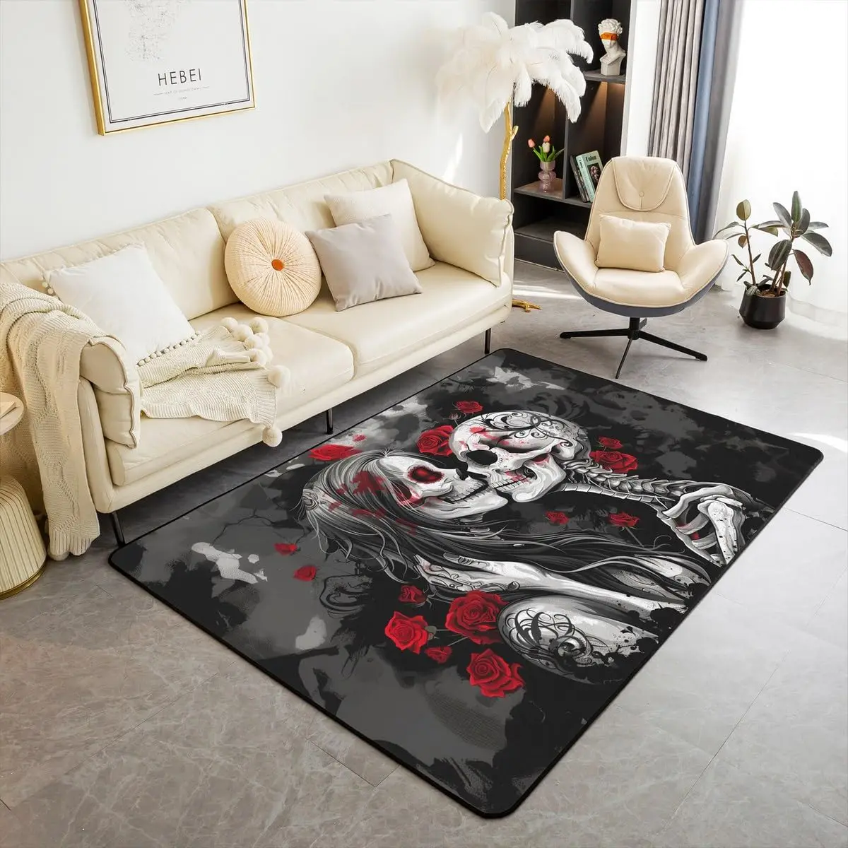 

vikama Halloween Gothic Skull Couple Area Rug Red Rose Skeleton Bones Non Slip Indoor Floor Mat Living Room Bedroom Home Decor