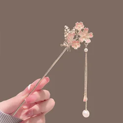 Pink Flower Butterfly Hair Pin Pearls Hair Sticks Forks Gold Color Alloy Headpiece Women Girls Hanfu Dress Chinese Hair Jewelry