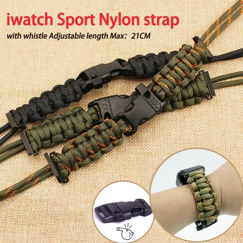 Outdoor Whistle Watch Strap for Apple Watch 44mm 42mm 40mm 38mm for Iwatch 6 5 4 3 Umbrella Rope Adjustable Braided Bracelet