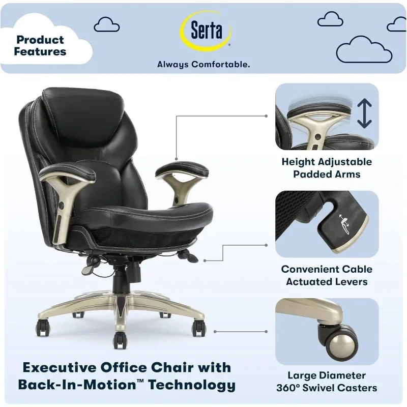 Cadeira de escritório executiva ergonômica Serta Claremont com tecnologia de movimento traseira, cadeira de mesa ajustável com encosto médio