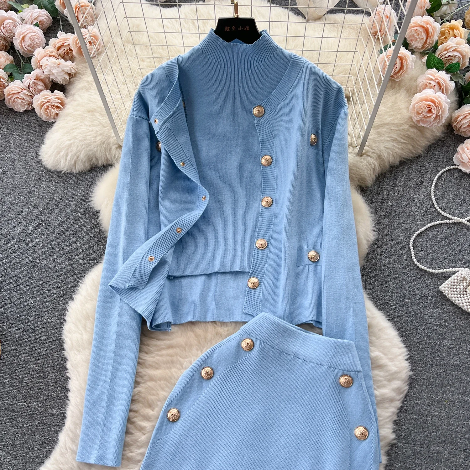 Chic Knit Three-piece Sets Sleeveless Straps Vest Loose Button Coat Vintage Basics Pencil Skirt Autumn Winter Women Clothing