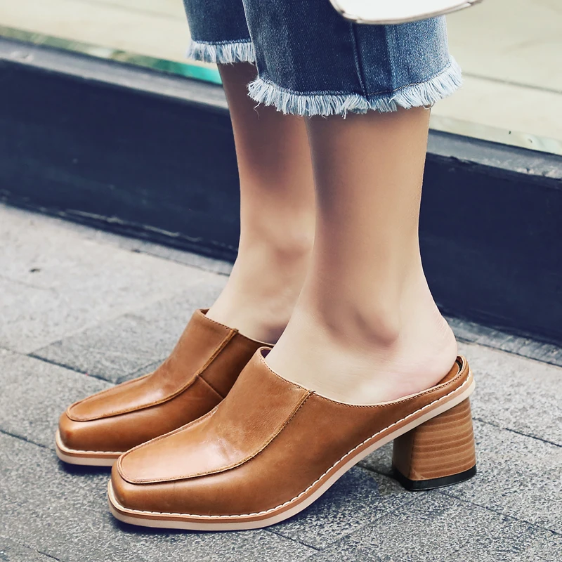 2024 Summer Women Shoes Square Toe High Heel Slippers Fashion Cowhide Leather Shoes for Women Casual Mules for Women