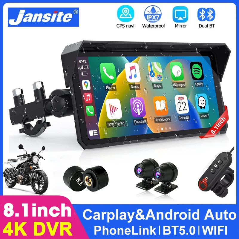 

8,1-дюймовый мотоциклетный GPS-навигатор, беспроводной Carplay, Android Auto, IPX7, водонепроницаемый дисплей, рекордер, поддержка 4K + 1080P, двойной BT