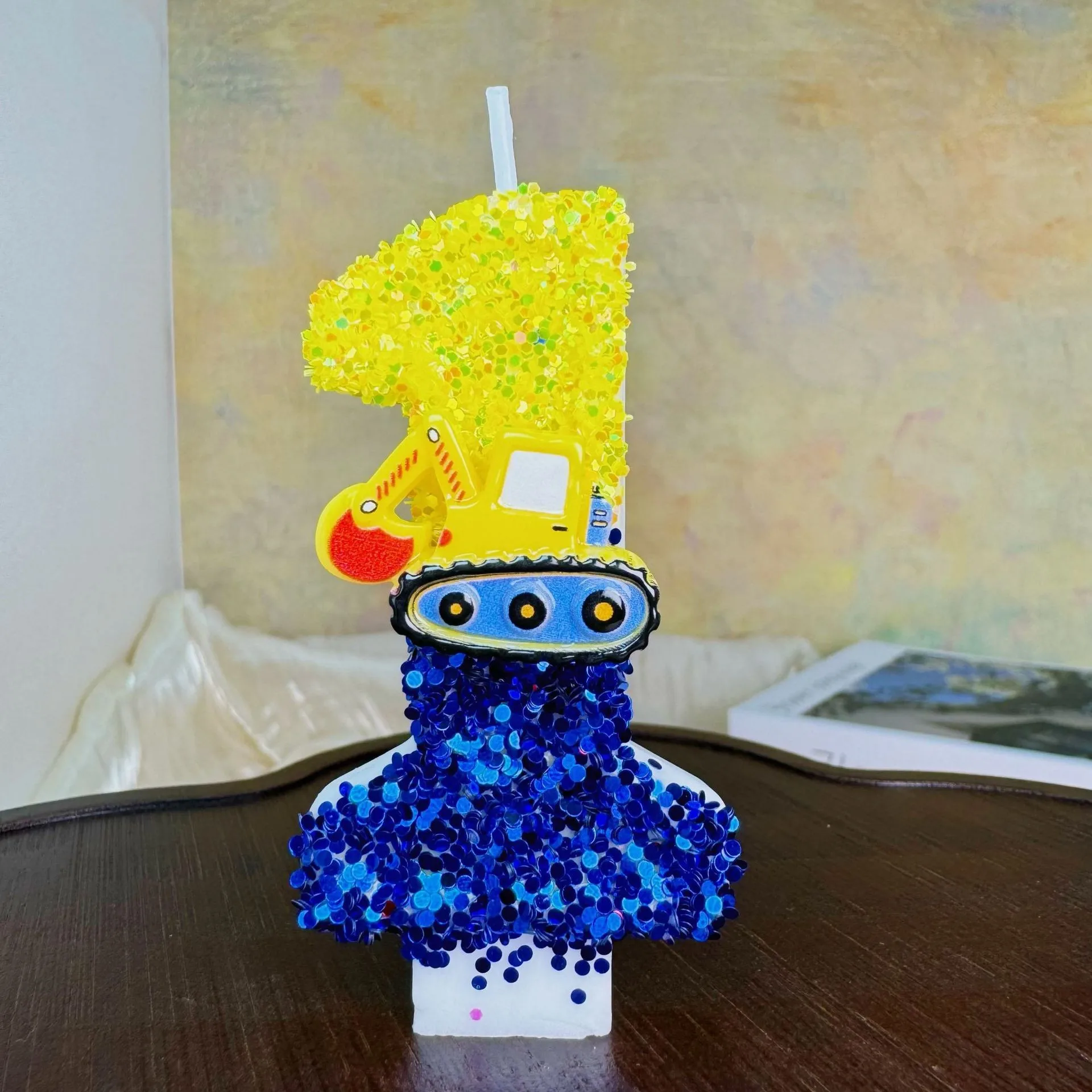 Yellow and blue excavator digital candles, party gifts, holiday decorations, birthday and anniversary candles