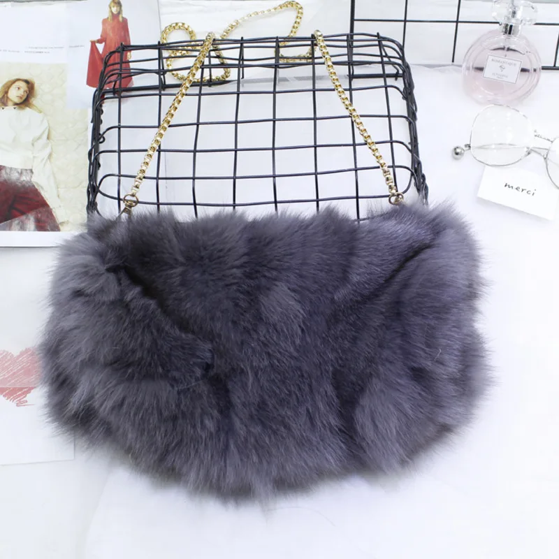 Fashion Fur Bag Autumn And Winter Real Fur Bags Fluffy Fox Fur Messenger Bags For Female Luxury Fur Handbag Warm Plush Handbag