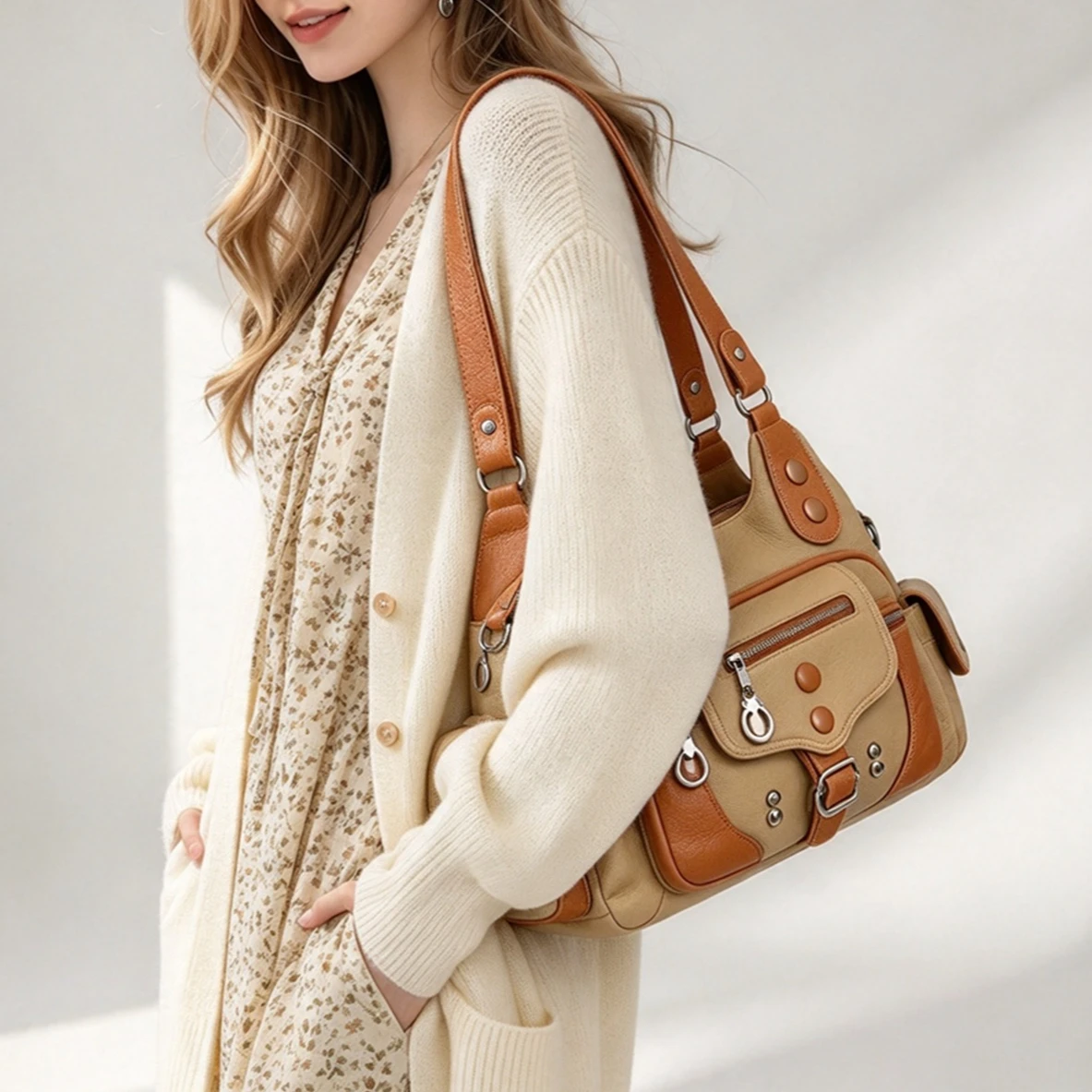 Color Block Rivet Washed Leather Women Bag Soft Large Capacity Multi Layer Shoulder Crossbody Handbag For Office Shopping Trip