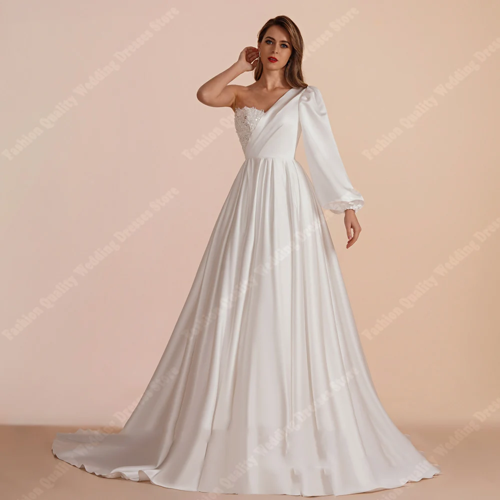 

Elegant Single Shoulder Sleeve Women Wedding Dresses Boho A-Line Bride Gowns Simple Glossy Satin Surface Vestidos De Novias 2024