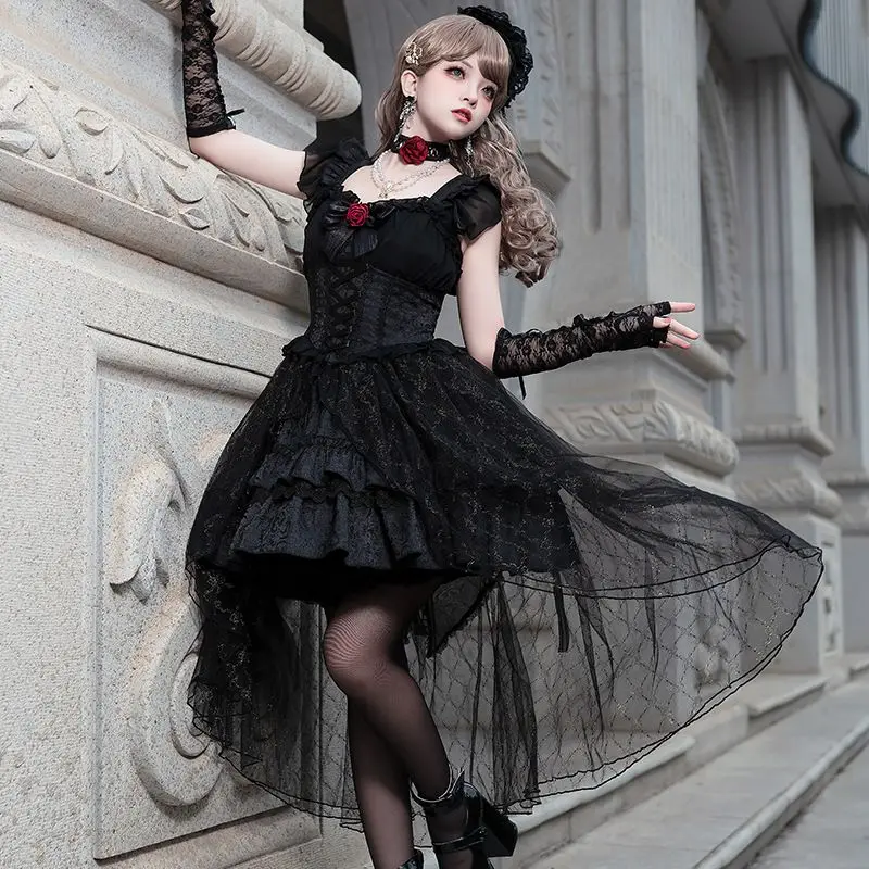 

Lolita Dark Rose Elegant Goth Flower Wedding Gorgeous Tea Party Jsk Lace Lace Lace With Blood Rose Tail