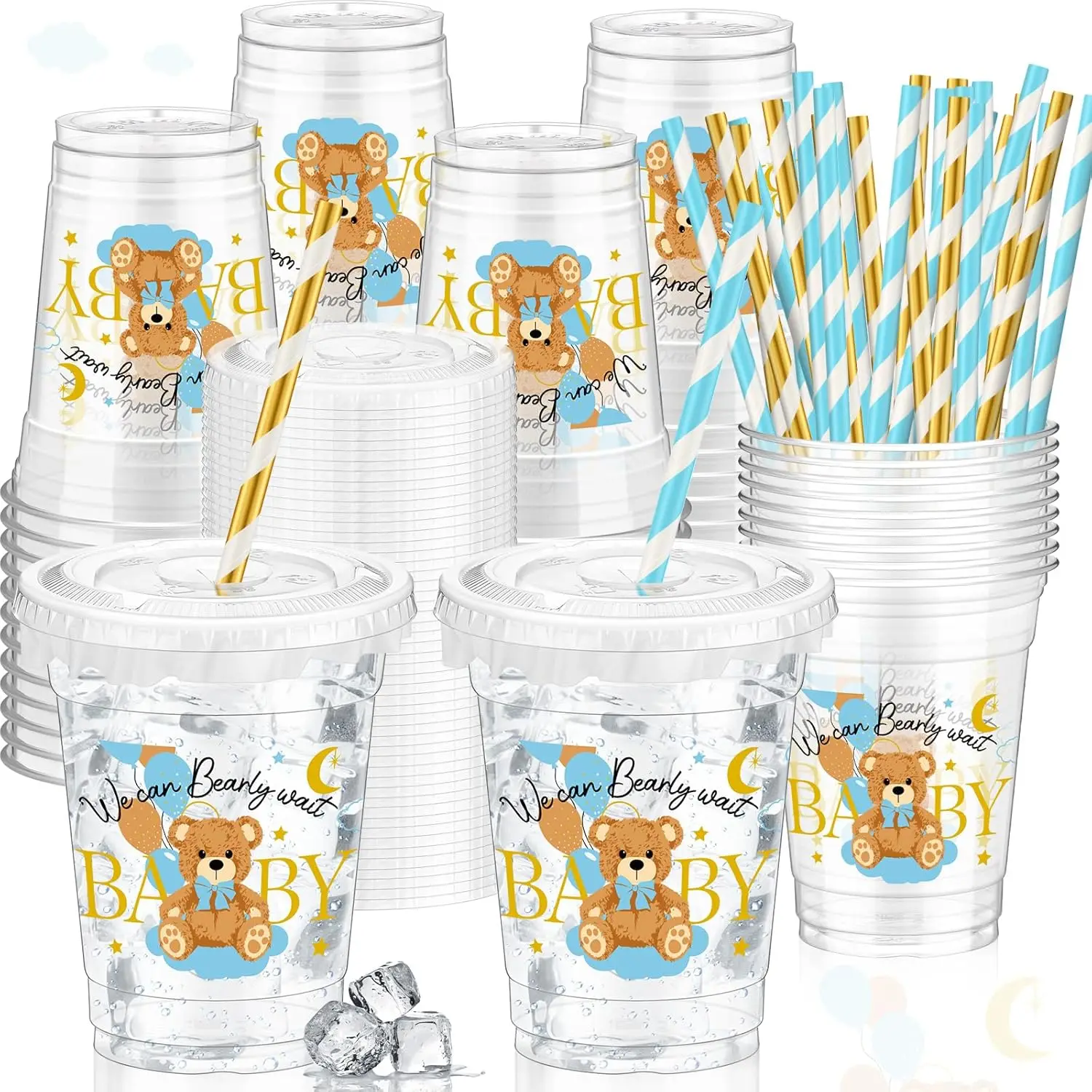 

50 Pcs Baby Shower Party Supplies Disposable Plastic Cup 12 oz Blue Bear Cups Thick Clear Mug Blue Lids Straws Baby Show
