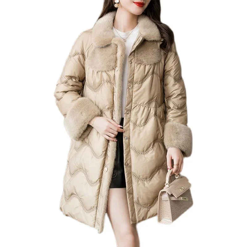 Piumino da donna di media lunghezza con colletto in peluche di visone 2023 inverno nuovo 90% piumino d\'anatra bianco cappotto allentato da donna