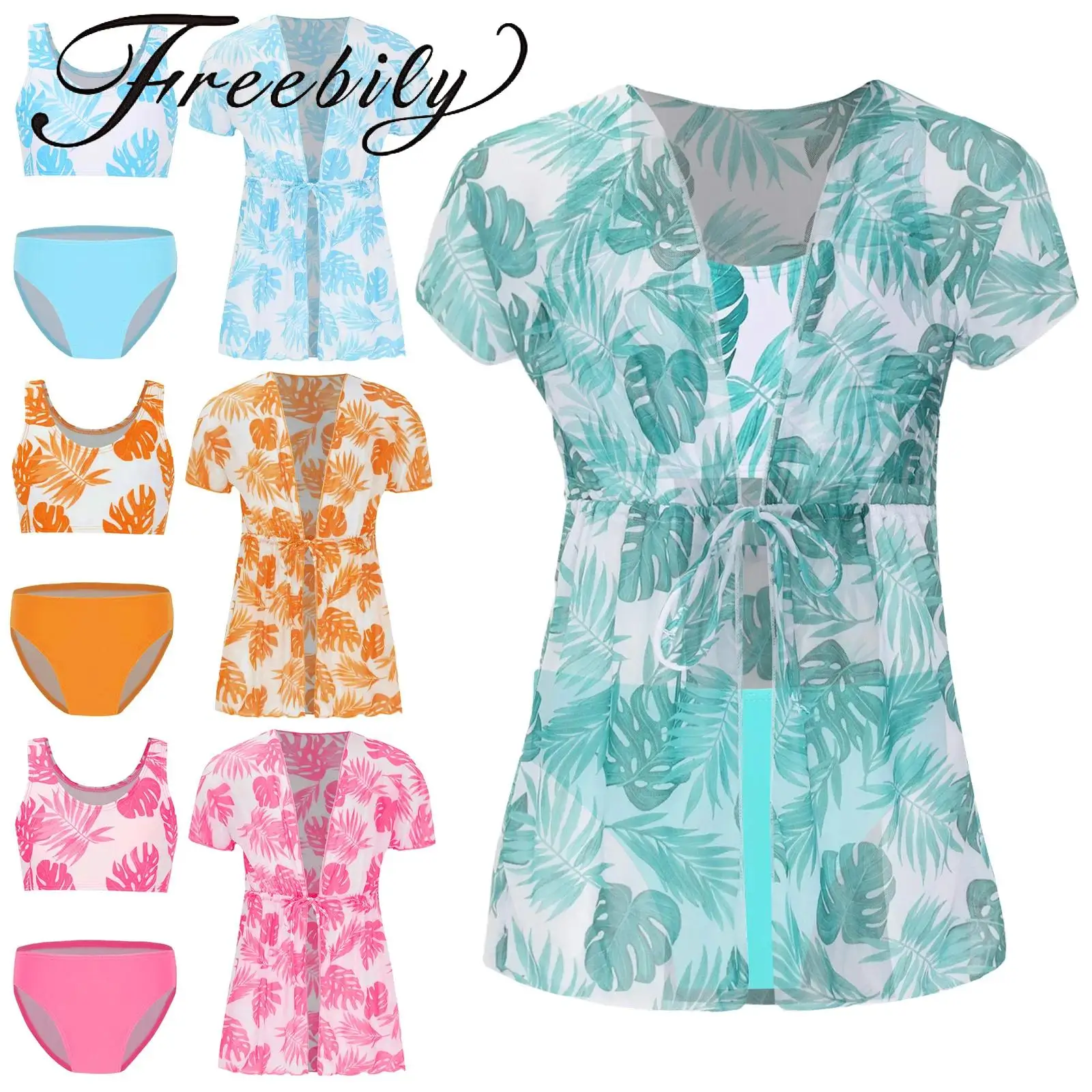 Kid Girl Tropical Print Swimwear 3 Pieces Summer Beach Swimsuit Tank Top Brief Chiffon Cover Up Set Swimwear Sun Protection Suit