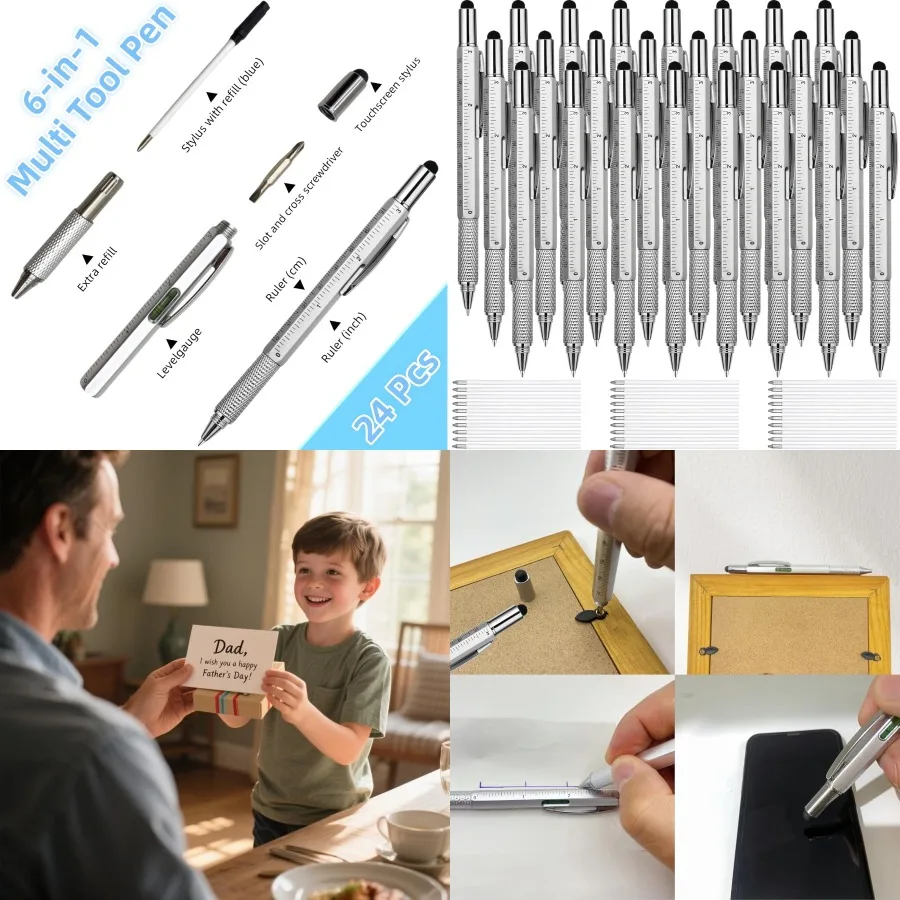 

24 Pcs 6-in-1 Multitool Pen with Ruler Level Gauge Screwdriver and 24 Pcs Blue Replacement Refills Ideal for Office DIY Project