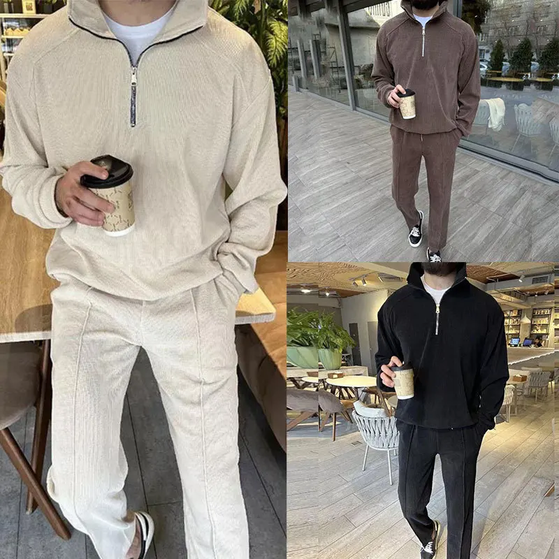 Frühling Herbst Herren Cord Zweiteiler Set Stehkragen Halb-Reißverschluss-Pullover Passende Hose Europäisch-Amerikanischer Trendiger Loser Lässiger Outfit – Detail 3