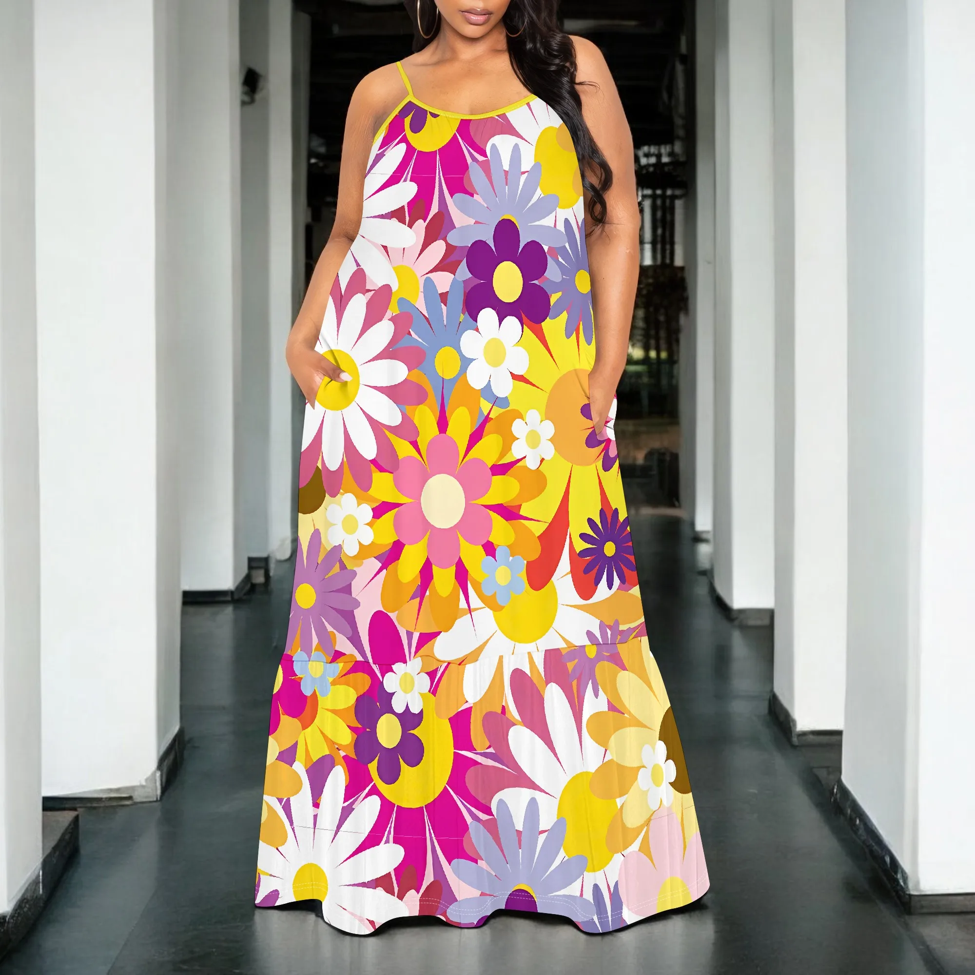 Maxi-jurk met bloemenprint voor dames in grote maten, mouwloos met zakken, zomer-casual jurk, elegant ontwerp met V-hals