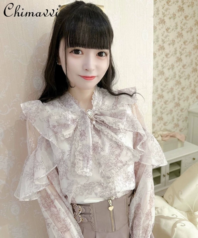 

Japanese Mass-Produced Sweet Cute Sweet Bow Classic Printed Shirt 2025 New Fairy Long-Sleeve Slim Fit Elegant Lolita Shirt Top