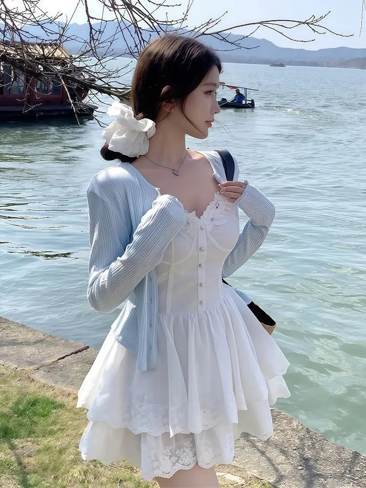 Ele Floral Collar Sunscreen Knitted Outerwear Summer New Arrival Korean Sle White Moonlight Strap Dr Faion Set