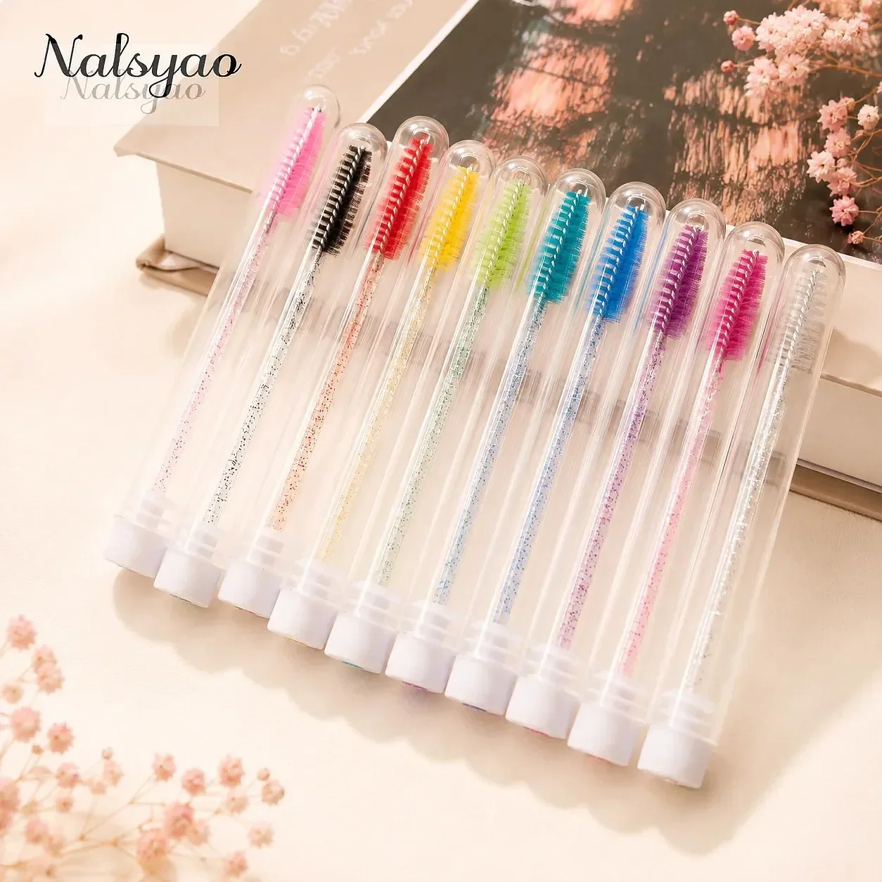 50Pcs Eyelash Brush Tubes with Crystal Lash Mascara Wands Eyebrow Comb Spoolies Container Makeup Tools