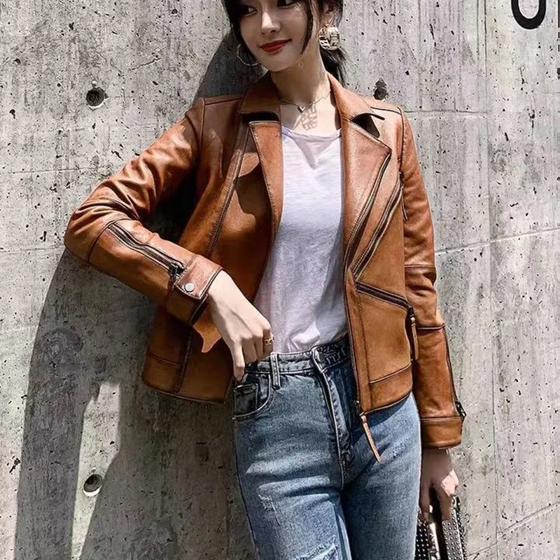 

2023Autumn Women Genuine Leather Jacket Short Natural Sheepskin Coat Slim Fit Office Ladies Work Coat Vintage Zip Moto Biker Jac