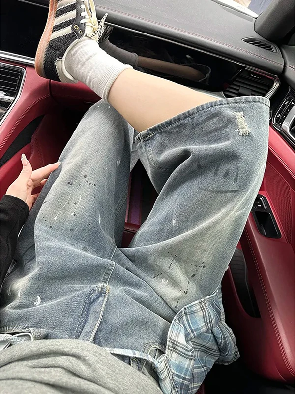 

Retro American Plaid Curtain Seven-Five High Waist Wide Leg Straight Cut Summer orts for Women Casual Sle Denim Jeans