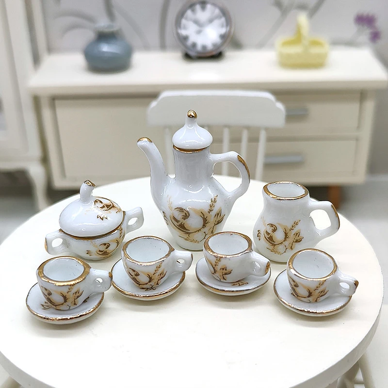 

11Pcs/set 1:12 Dollhouse Miniature Ceramic Brown Rose Teapot Tea Set Wine Set Tableware Mini Tea Cup Wine Glass Model Decor Toy