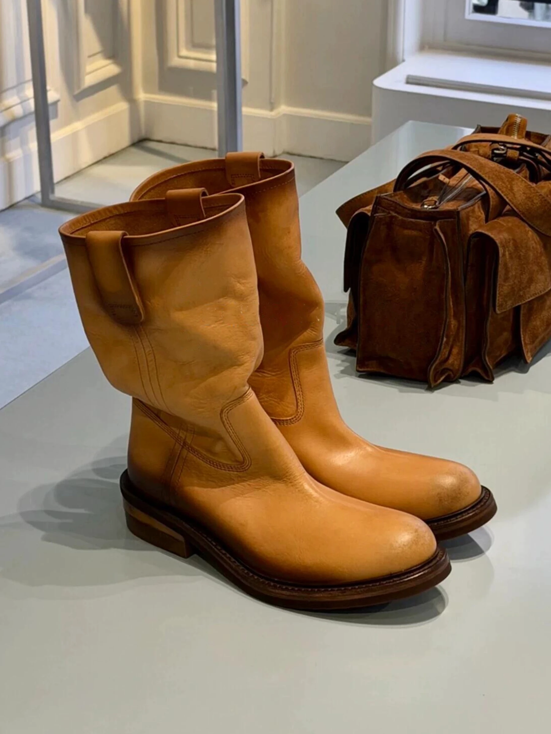 Retro Weathered Brown Western Cowboy Boots Genuine Leather Pleated Mid-calf Motorcycle Boots  Round Head Thick Heel Short Boots