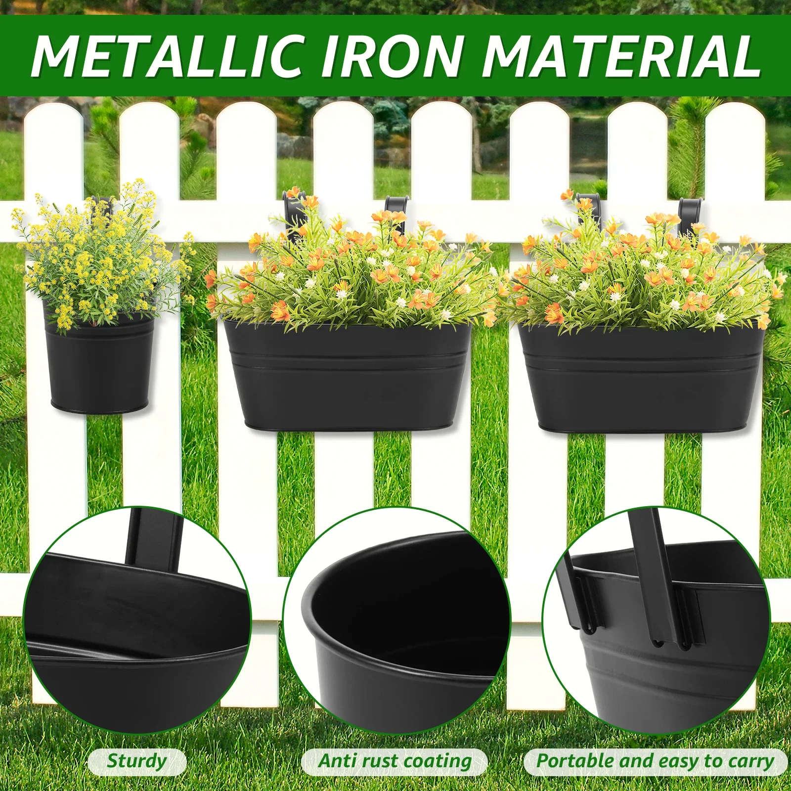 6Pcs Hanging Flower Pot Metal Iron Outdoor Railing Planter with Hook and Drainage Hole Fence Hanging Bucket Pot Garden Accessory