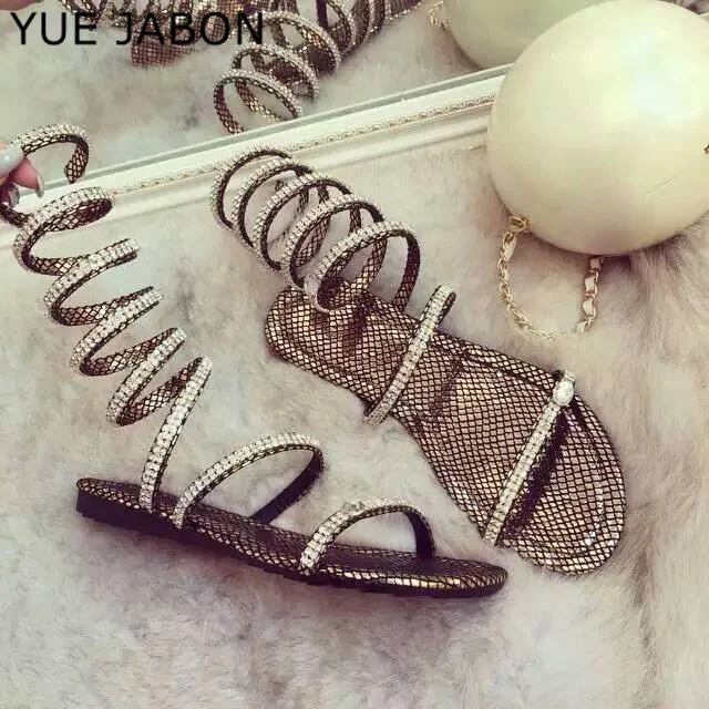 Big size34-46 Gold Summer women flat sandals Crystal Sexy Women Gladiator Sandal women Boots Snake Flat Women Shoes Roman shoes