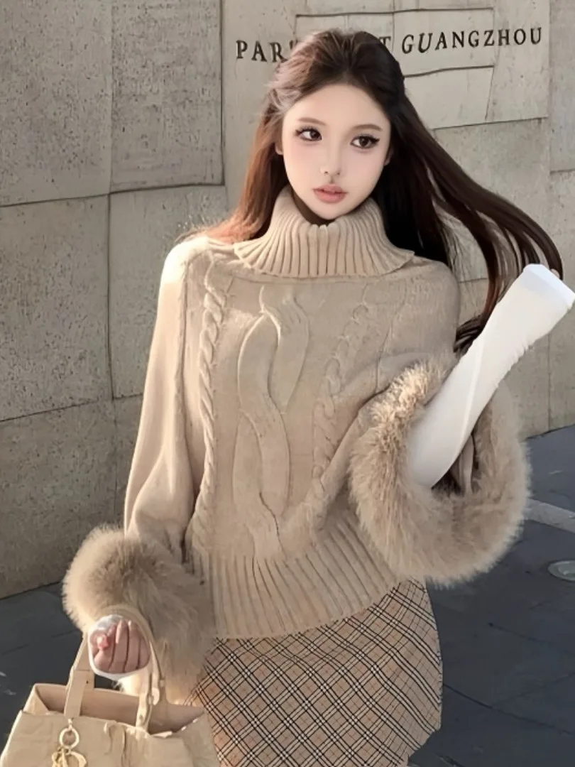 

Loose Fit High Collar Knitted Sweater with Cable Design Lazy Sle Autumn Winter Faionable All Match Knitwear Head over Sle...