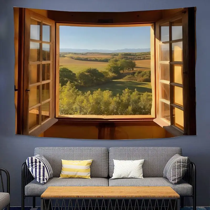 VIKAMA Fake Window Landscape Tapestry, Visual Effect Window Landscape Painting Tapestry, Living Room Home Decor